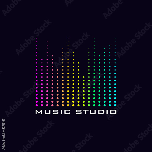 Modern logo for a music studio. Technological rainbow music waves on a black background.