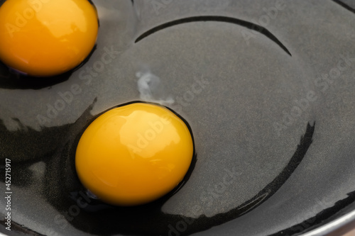 Two raw eggs in a black frying pan in the form of a transparent white and bright yellow yolk. The concept of the process of cooking a simple dish for breakfast. Close-up