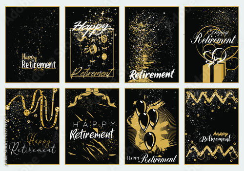 Vector illustration of Happy Retirement posters in black and gold color themes with sparkles and confetti in flat design style