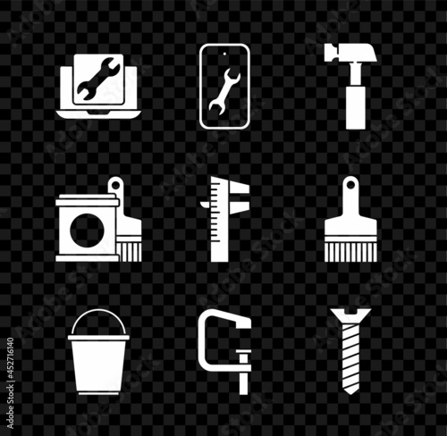 Set Laptop service, Mobile, Hammer, Bucket, Clamp and screw tool, Metallic, Paint bucket brush and Calliper or caliper scale icon. Vector