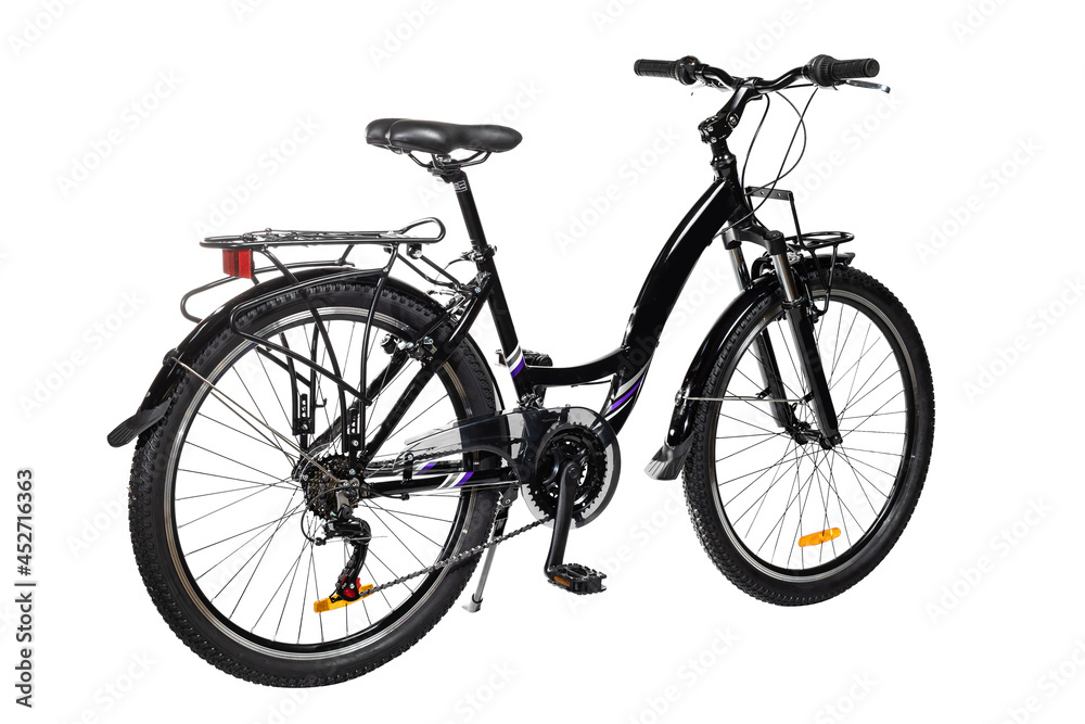 A black city bike with a trunk on a white background