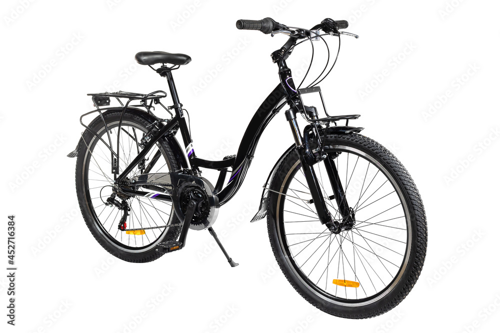 A black city bike with a trunk on a white background