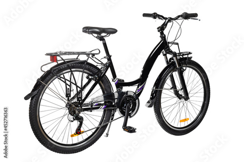 A black city bike with a trunk on a white background