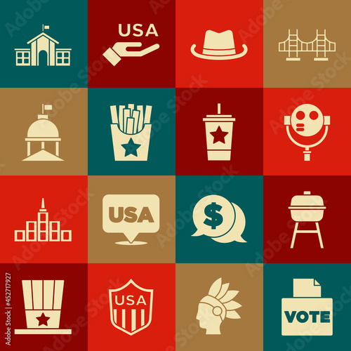 Set Vote box, Barbecue grill, Tourist binoculars, Western cowboy hat, Potatoes french fries, White House, United States Capitol Congress and Paper glass with straw icon. Vector