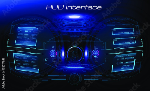 Holographic custom virtual reality panel. Futuristic head-up display design HUD, GUI, UI. Futuristic display with data and information. Concept design of a fantastic helmet and control panel 