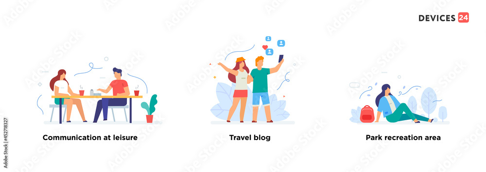 People use smartphones, leisure tourism, flights, social networks set of icons, illustration. Smartphones tablets user interface social media.Flat illustration Icons infographics. Landing page site