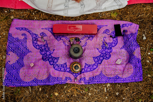 Ceremonial Copal Incense Burner Amidst Amethyst Quartz photo