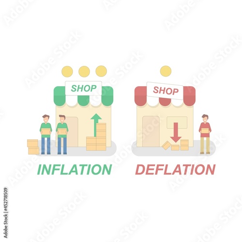 Inflation and Deflation,differences and economic impact,Inflation when price of goods and services increase,deflation when price goods and services decrease in the country,info vector illustration.