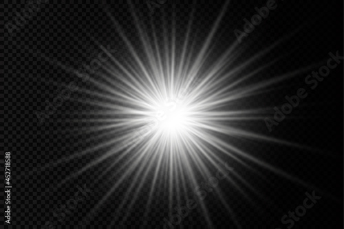 White glowing light star, burst sun rays.