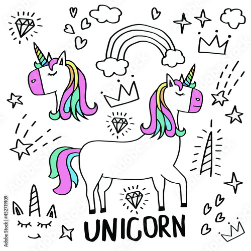 Cute unicorn face.Vector cartoon character illustration.Design for child card,t-shirt.Girls,kid.magic concept.Isolated on white background.Cute unicorn horse with gold horn and beauty rainbow hair