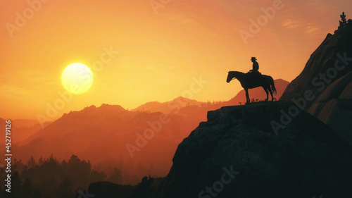 Red Dead Redemption 2 Cowboy on a horse. Silhouette of a person on a mountain top. Sunset. Orange golden hour tones. Sun and little clouds