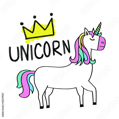 Cute unicorn face.Vector cartoon character illustration.Design for child card,t-shirt.Girls,kid.magic concept.Isolated on white background.Cute unicorn horse with gold horn and beauty rainbow hair
