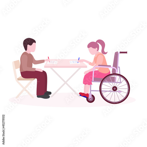 Concept of social inclusion and inclusive education. A boy and a girl in a wheelchair are studying. Social life of disabled children