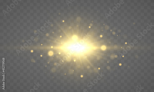 Flare with golden rays of light and magic sparkles. Bright Star. Abstract golden rays will raise. Transparent glitter gradient gloss, bright flash. Gold shining sun with transparent rays. Vector.
