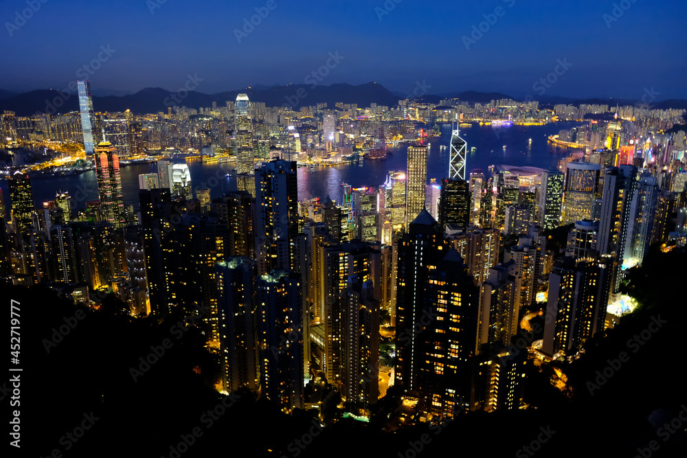 High angle view of modern Hongkong city night scene