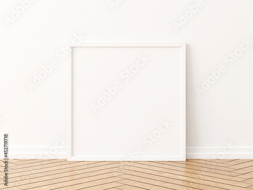 Fototapeta Naklejka Na Ścianę i Meble -  White square frame mockup on the wooden floor. 3d rendering.