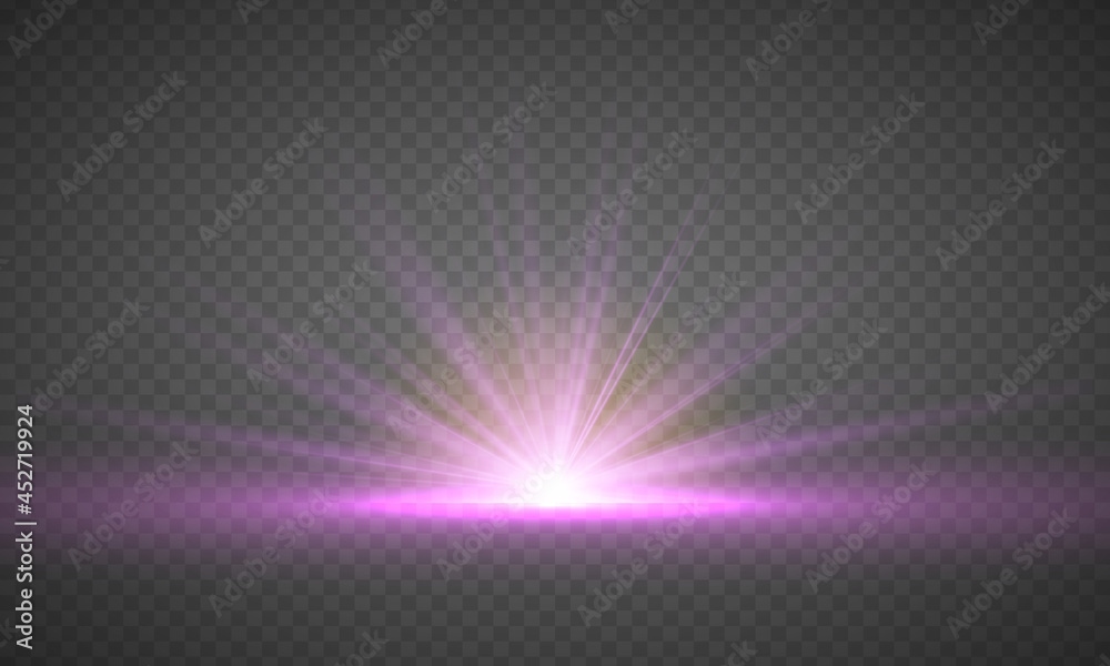 Abstract purple rays will raise. Special effect light flare with golden