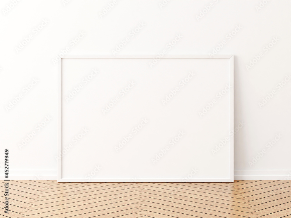 White horizontal frame mockup on the wooden floor. 3d rendering. White horizontal frame mockup on the wooden floor. 3d rendering.