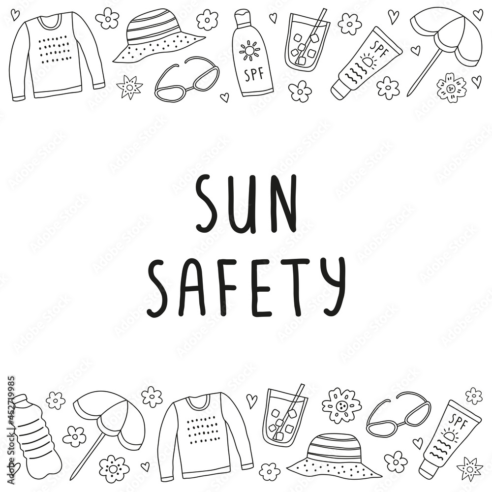 Poster with sun safety icons and lettering.