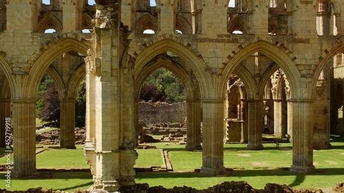 Cinematic view of the stunning Rievaulx Abbey in the North York Moors National Park, North Yorkshire, England, UK, dating back to 1132