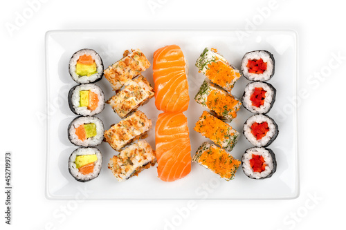Top view of plate with assorted sushi assortment