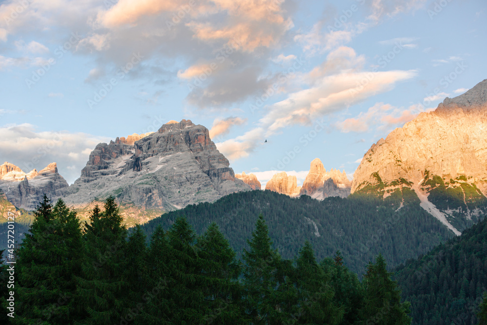 Golden hour over Italian mountains in the Dolomites UNESCO heritage wallpaper