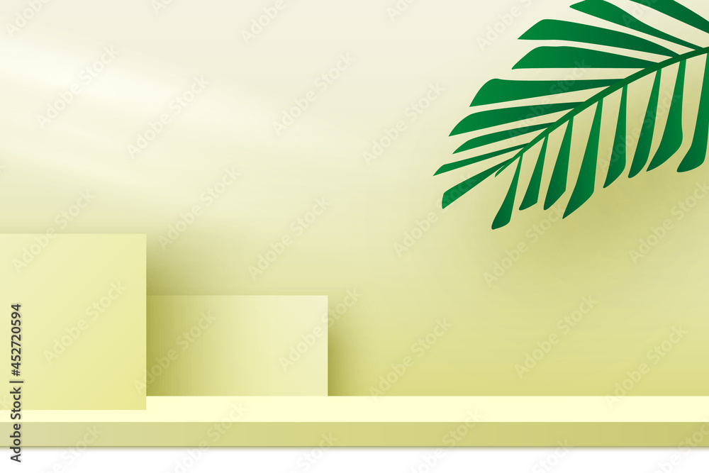 Products display platform. Blank podium with palm leaves. 3d render stage. Pedestal. Exhibition stand. Vector illustration. Products display platform. Blank podium with palm leaves. 3d render stage. Pedestal. Exhibition stand. Vector illustration.