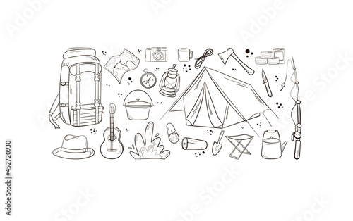 Camping and travel items set. Hand drawn style. Items are arranged in a circle. Hat, canned food sleeping bag first aid kit matches knife binoculars sneakers. Vector illustration