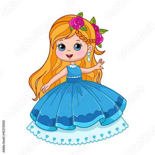 Little Princess in cartoon cute style. A festive blue ball gown on a dancing girl who has a birthday. Vector stylized illustration with child character. Hand drawing, isolated. Fun print for baby