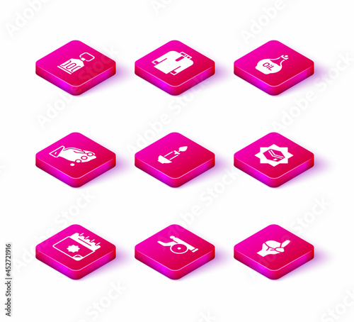 Set Ramadan calendar, cannon, Hands in praying position, Burning candle, Kaaba mosque, Essential oil bottle and Shirt kurta icon. Vector