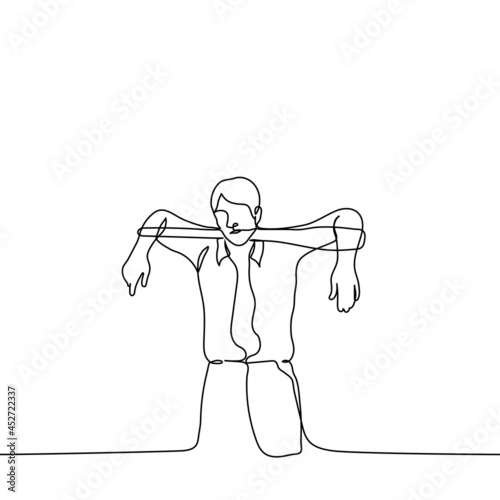 young man stands with a truncheon behind his head, both of his hands resting on the edges of the truncheon - one line drawing. concept of athlete with baseball bat or bully - brawler