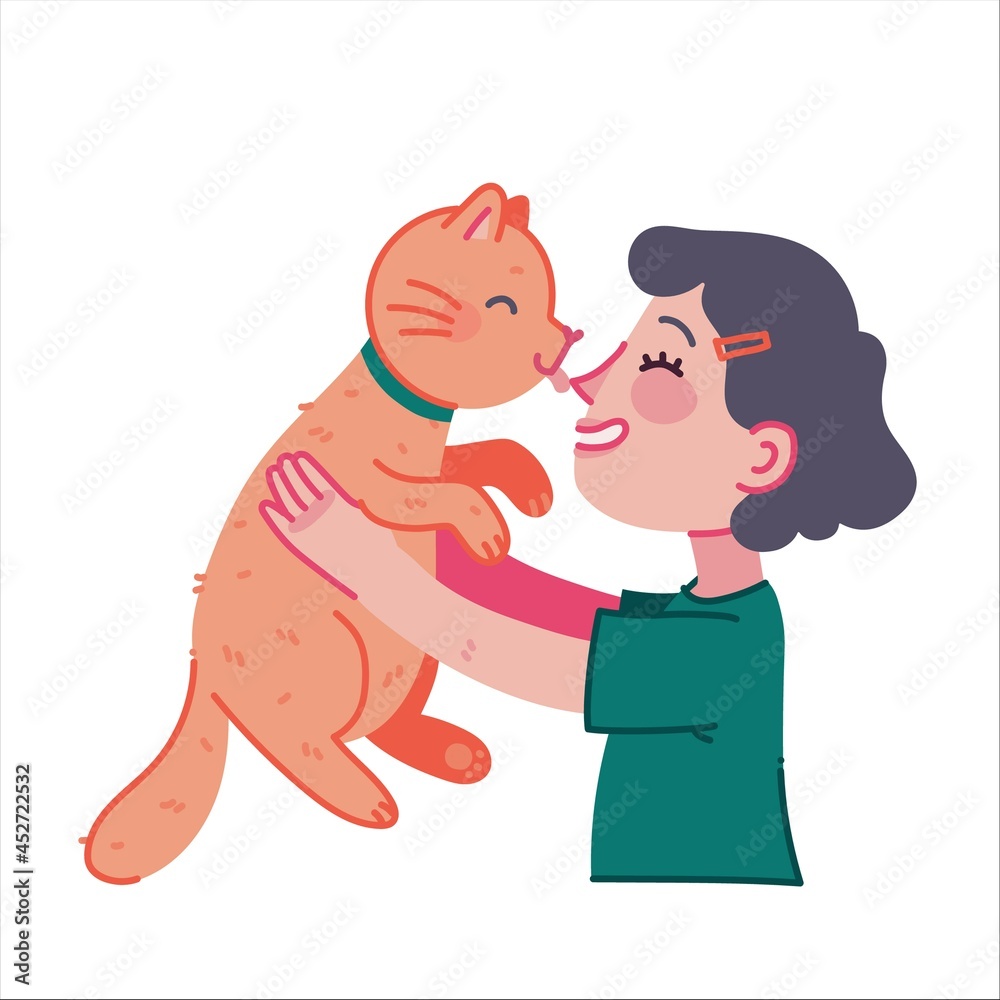 Girl hugging cat, young person with pet embraces portrait vector illustration in flat style. Cat pet owner characters. Girl hugging cat, young person with pet embraces portrait vector illustration in flat style. Cat pet owner characters.