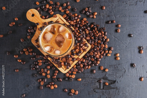 Iced coffee and coffee beans