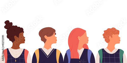 Group of students of different nationalities in school uniforms are turned sideways from each other.  Back to School concept.  Vector illustration isolated on white background. Eps10