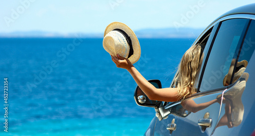 Photography happy driver in car at sea in summer concept freedom and happy