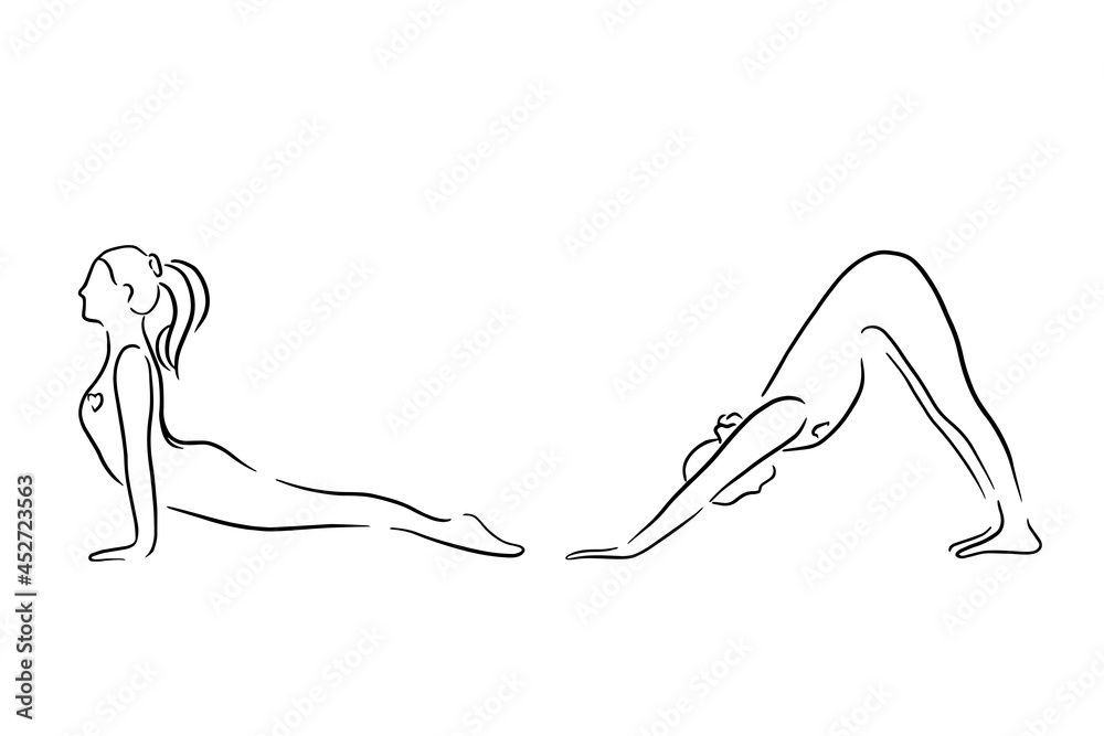 Stylized human in yoga dog pose, urdhva mukha svanasana and adho mukha svanasana . Handdrawn Vector illustration of lineart style. Yoga pose flat line icon, simple sign of woman in easy pose Stylized human in yoga dog pose, urdhva mukha svanasana and adho mukha svanasana . Handdrawn Vector illustration of lineart style. Yoga pose flat line icon, simple sign of woman in easy pose