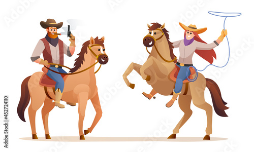 Wildlife western cowboy and cowgirl riding horse characters illustration