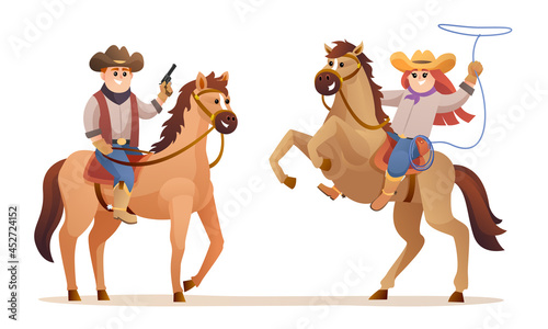 Cute cowboy and cowgirl riding horse characters. Wildlife western concept illustration