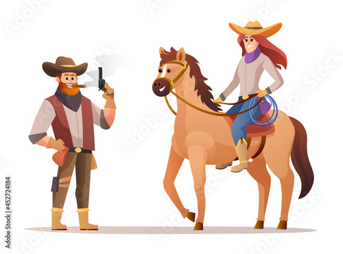 Wildlife western cowboy holding gun and cowgirl riding horse characters illustration