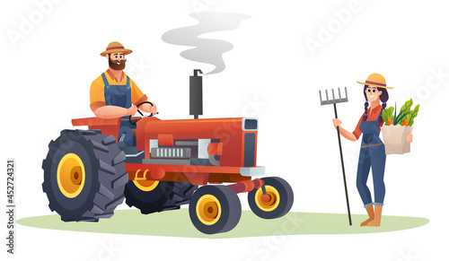 Male farmer on tractor and the female farmer holding organic vegetables and fork hoe concept. Harvest farmer illustration