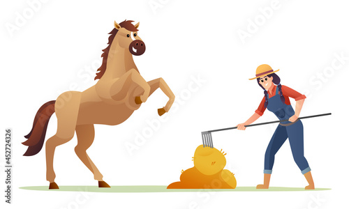 Woman farmer feeding horse with hay cartoon illustration