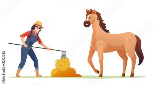 Female farmer feeding horse with hay illustration