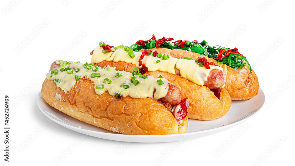 Hot dog isolated on a white background. Hot dogs with different fillings. Fast food isolated.