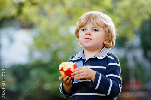 Happy little preschool boy with apple on his first day to elementary school or nursery. Smiling child eating fruit  outdoors. Back to school education concept. Healthy food and snacks for children.