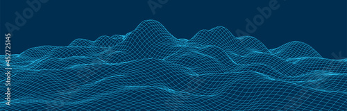 Wireframe landscape background. Digital retro landscape 1980s style. Cyberspace grid. Vector illustration.