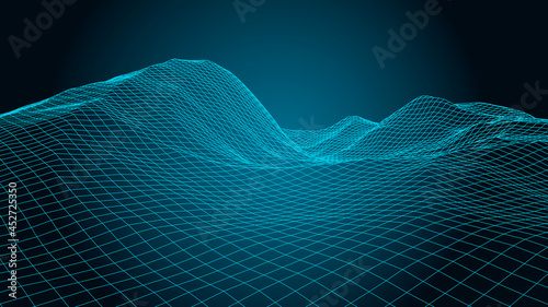 Wireframe landscape background. Digital landscape for presentations. Cyberspace grid. Vector illustration.