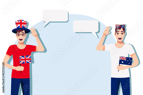 The concept of international communication, sports, education, business between the United Kingdom and Australia. Men with British and Australian flags. Vector illustration.