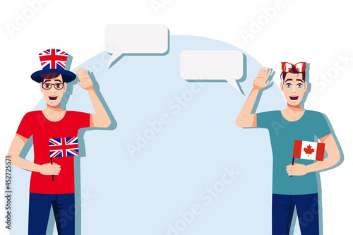 Men with British and Canadian flags. Background for the text. The concept of sports, political, education, travel and business relations between the United Kingdom and Canada. Vector illustration.