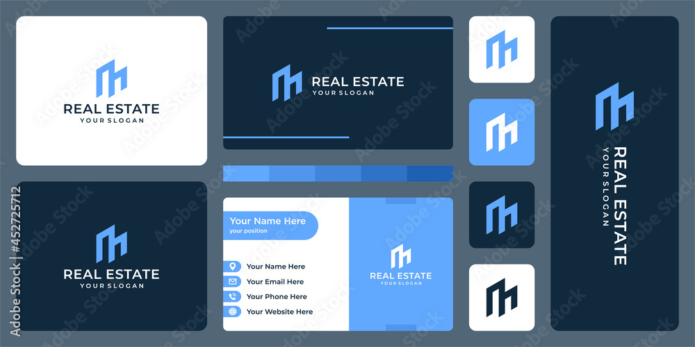 real estate building with letter M logo and business card design. icons for business, buildings, real estate, construction, simple. Premium Vectors.