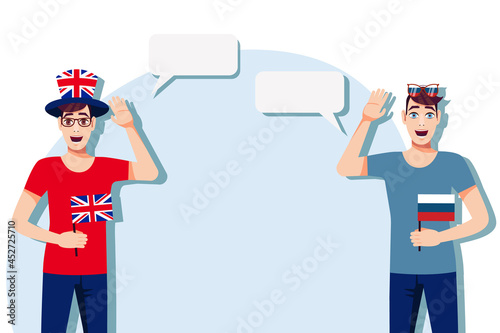 Men with British and Russian flags. Background for text. Communication between native speakers of the United Kingdom and Russia. Vector illustration. 
